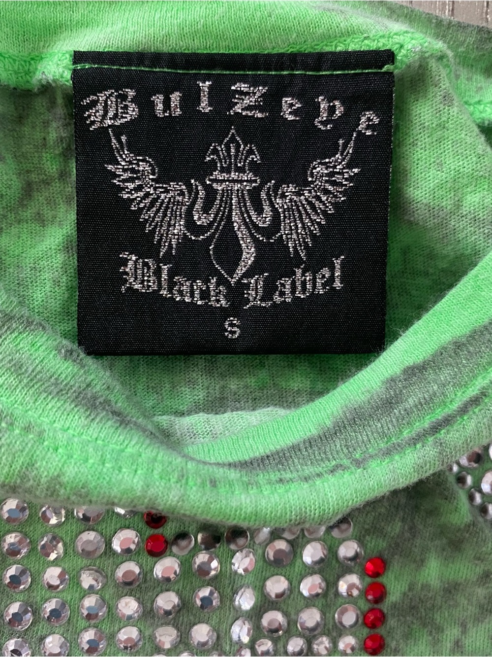 Vintage Y2K Rare Bulzeye Black Label bright Green Shirt With Rhinestones - Green